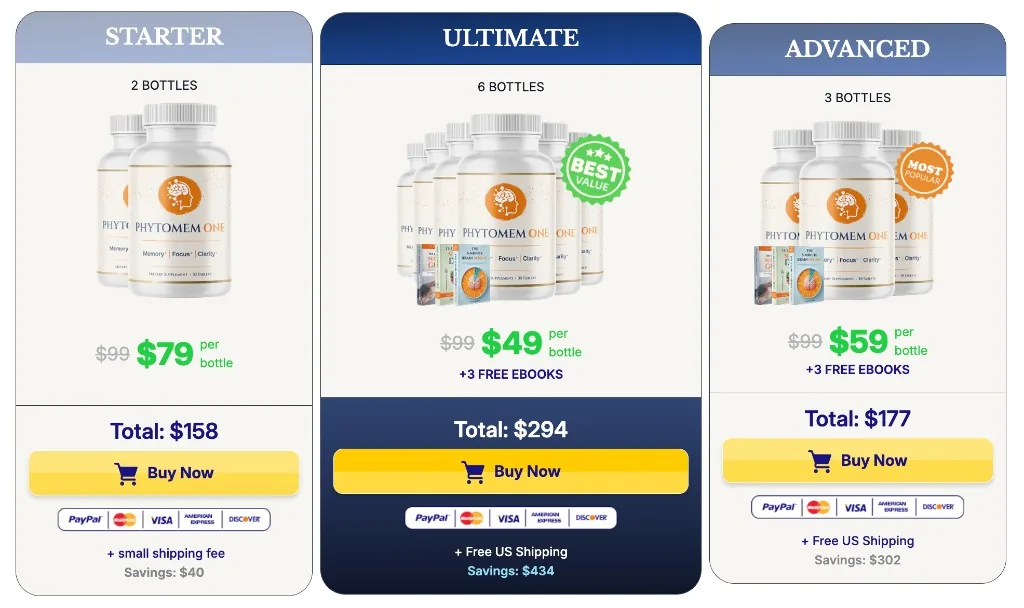 Phytomem One packages Starter 2 bottles 79 Best Value 6 bottles 49 Advanced 3 bottles 59